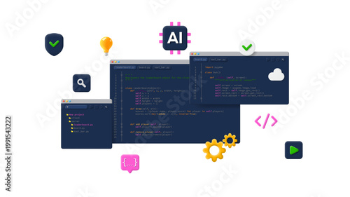 AI programming concept banner. Vector 3d background with coding symbols and programming windows. Modern Information technologies and computer engineering concept. AI programming or developing software