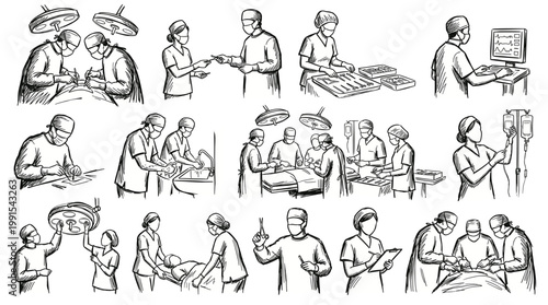 A collection of detailed black and white sketches illustrating various surgical procedures and medical team interactions in an operating room setting.
