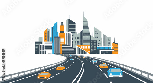 Modern cityscape illustration of a winding highway leading to a vibrant urban skyline with tall buildings, symbolizing city development, transportation, and metropolitan life