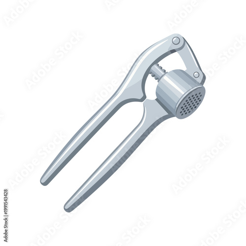 A minimalist, clean illustration of a silver garlic press, a kitchen utensil for mincing garlic