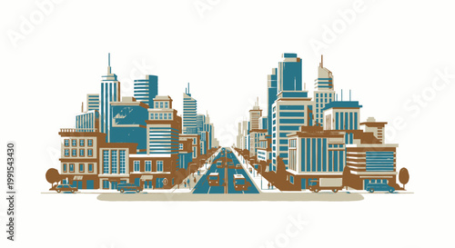Flat vector illustration showcasing a vibrant urban cityscape with diverse architectural structures and a dynamic street perspective, symbolizing growth and modern living