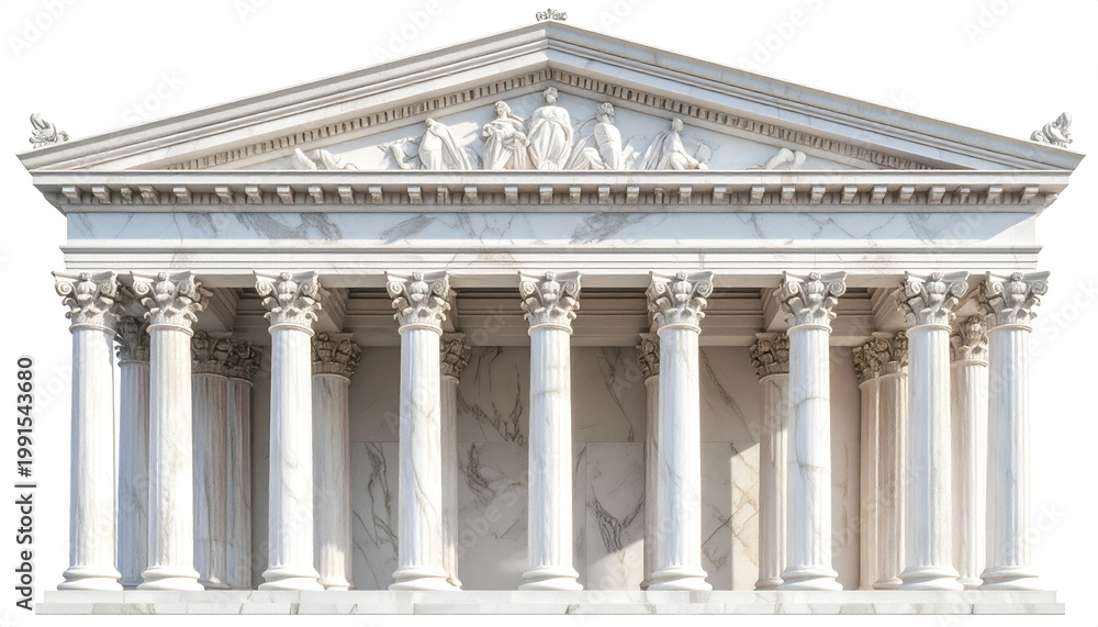 Fototapeta premium A detailed view showcases the classical architecture of a grand white marble building, featuring ornate columns and intricate sculptural details adorning the pediment.