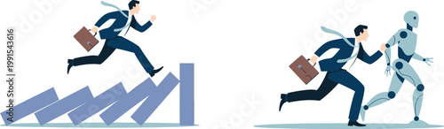 Businessman running competition with robot automation challenge technology future work disruption career risk vector illustration isolated concept modern