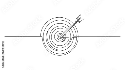 Continuous single line drawing of a target with an arrow in the center. Continuous line style. Hand drawn. Line art. Vector design. illustration