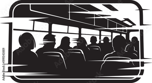 Public transportation, bus interior, vector silhouette, people on bus, travel icon