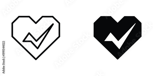 Contrast of geometric heart shapes with integrated checkmark symbols in black and white