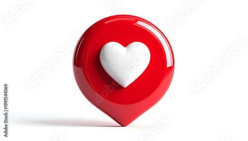 A vibrant red location marker icon prominently features a white heart symbol at its center, set against a clean white background.