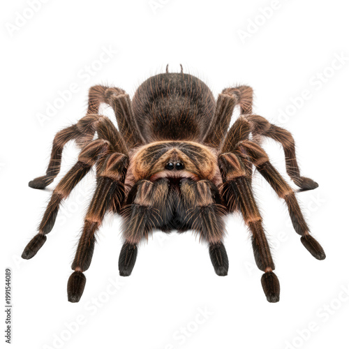 Large, mature tarantula spider, deep brown, covered in velvet-like setae, extreme macro close-up, isolated on a seamless transparent background with shadowless lighting, scientific portrait concept
