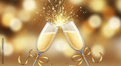 Two champagne glasses with gold ribbons and sparklers on a bokeh background