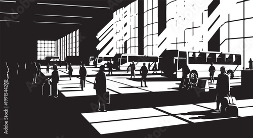 Airport terminal interior, modern travel illustration, black and white vector, people silhouettes