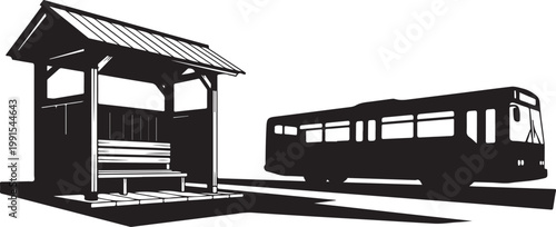 Bus Stop Shelter, Vector Bus Station, Transportation Icon, Black and White Illustration