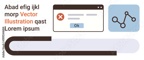 Website issues, error notifications, web analytics, system interface, digital troubleshooting, data analysis. Browser window with error and OK button, graph icon. Website issues and error