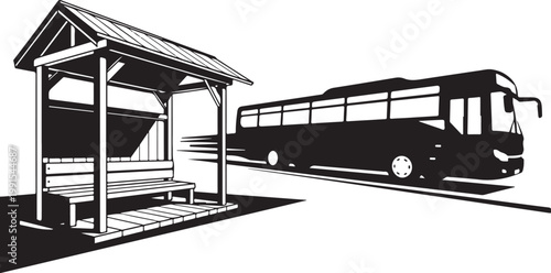Bus stop shelter, urban transportation, black and white illustration, vector graphic