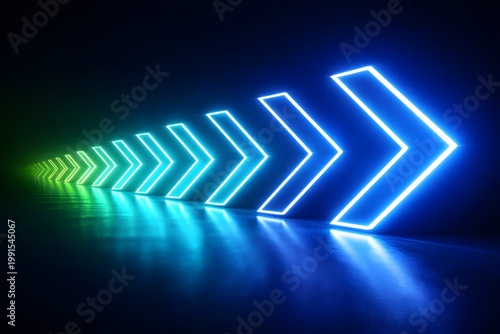 Cyber technology background with vibrant neon arrow shapes moving ahead