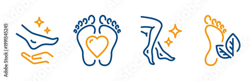 foot care icons, hand with leg, female legs with leaves, footprints with heart, vector line art