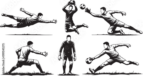 Soccer goalkeeper, goalie, football player, sports illustration, athletic poses, black and white