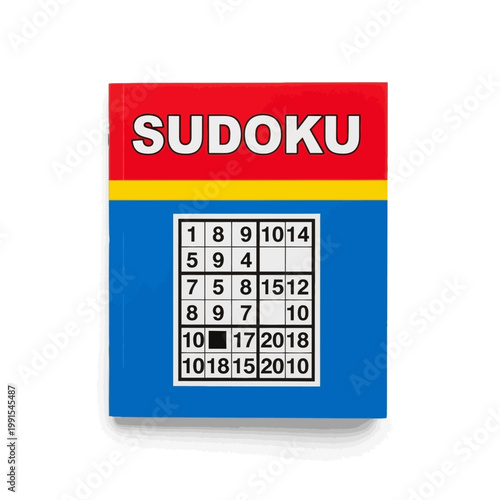 A partially filled Sudoku puzzle book cover features numbers and grid on blue