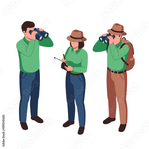 Three people wearing green shirts observe nature with binoculars and notebook outdoors