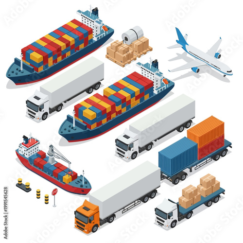 Cargo ships and trucks transport goods by air and sea