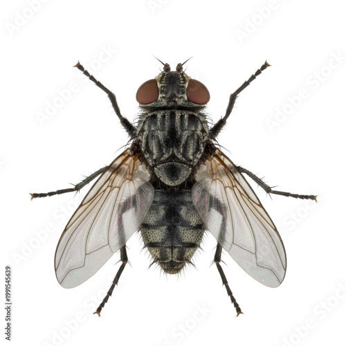 a single mature housefly, macro photograph, showcasing microscopic segmented body, complex compound eyes, fine hairs, and iridescent transparent wings on a transparent background. scientific specimen