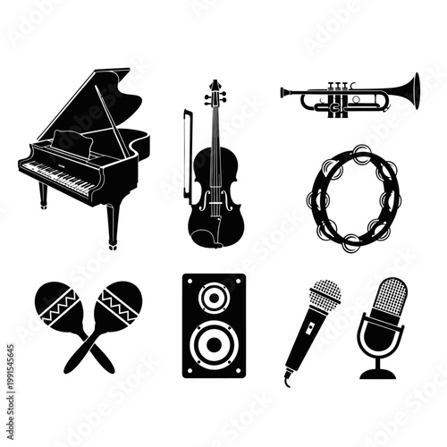 Musicians play instruments and sing with a piano, violin, trumpet, and microphone in a lively performance scene with speakers and maracas.