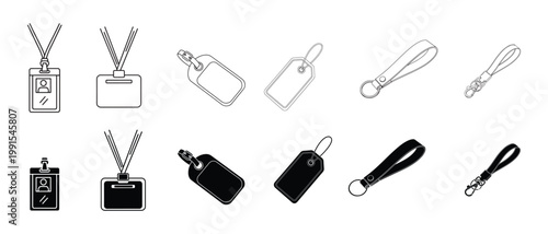 Collection of iconographic representations of lanyards tags and wrist straps for graphic design