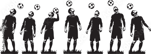 Black silhouette soccer players, kicking ball vector icons, athletic poses, sports illustrations, football graphics