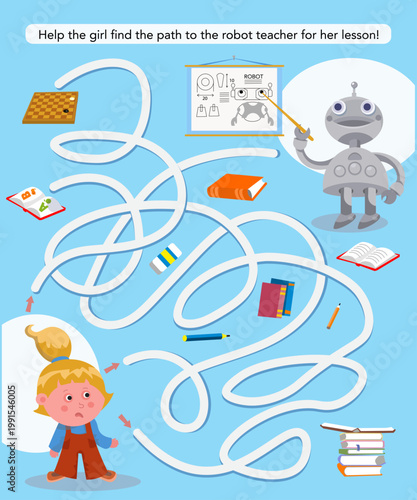 Kids educational vector maze puzzle featuring girl finding path to robot teacher in classroom. Colorful labyrinth game in cartoon style perfect for preschool science worksheets and children brain