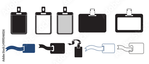 Collection of various blank badge holders and ribbons isolated on white background