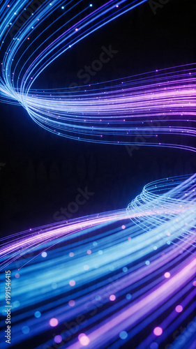Futuristic abstract background of glowing blue and purple neon light trails swirling through dark space representing high speed data transfer