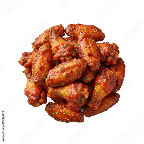voluminous deep-fried chicken wings coated in sticky, glossy barbecue and buffalo sauce glaze, centered on a transparent seamless backdrop. commercial food concept