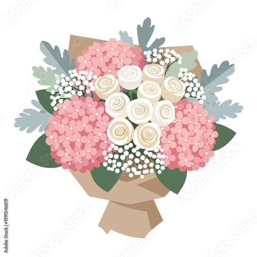 Elegant vector bouquet of pink hydrangeas and cream roses, wrapped in rustic paper, perfect for gifting