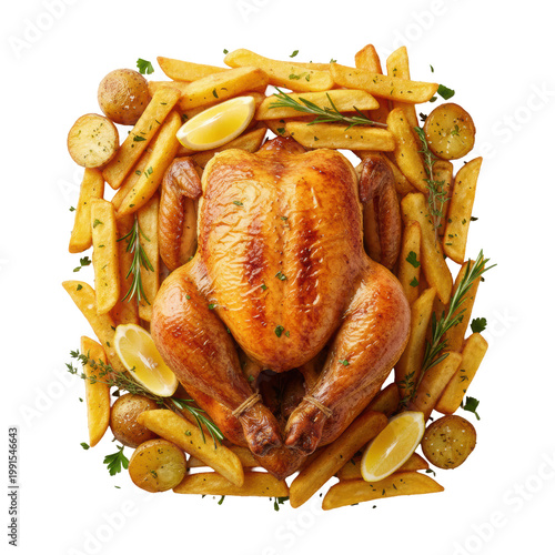 Ultra photorealistic flat lay of a glossy, golden-brown roasted chicken, thick french fries, and seasoned rustic potatoes, garnished with lemon and rosemary on white, showcasing traditional holiday