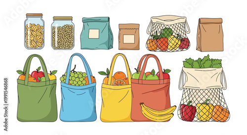 Reusable shopping bags and eco packaging zero waste vector illustration