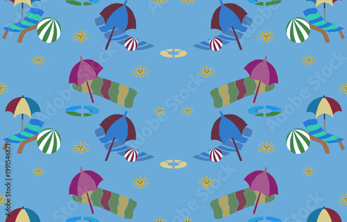 The beach atmosphere with umbrellas,sun loungers,balls,and inflatable rings is perfect for use as wallpaper or decorative paper.