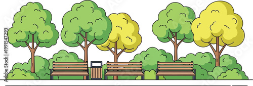 Park benches with trees green outdoor landscape vector illustration