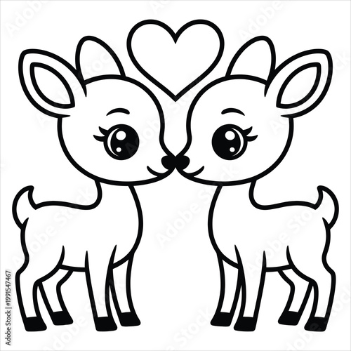 Two cute baby deer touching noses with a heart symbol, line