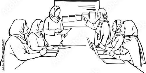 Group of Arab businesswomen in hijabs having a meeting and presentation in an office.