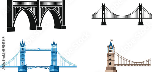 Flat vector bridge icons set arch suspension landmark style bridges silhouettes architectural structures isolated modern infrastructure illustration collection