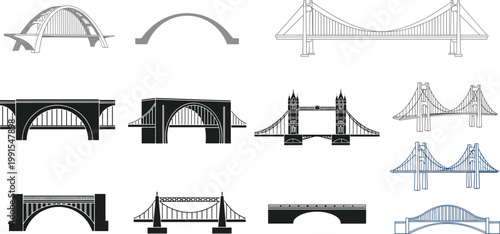 Flat vector bridge icons collection various arch suspension bridges silhouettes architectural structures isolated modern infrastructure engineering illustration set