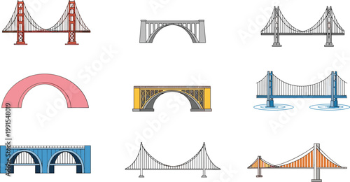 Flat vector bridge icons set colorful arch suspension bridges silhouettes architectural structures isolated modern infrastructure engineering illustration collection design