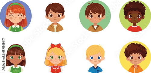 Flat vector kids avatars set diverse children faces cartoon portraits boys girls round icons colorful modern character illustration collection