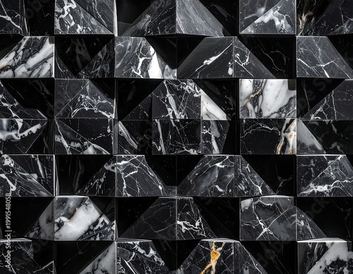 Abstract 3d Geometric Marble Wall Panel Texture With Black And White Faceted Stone Tiles Natural Veining And High Contrast Shadows