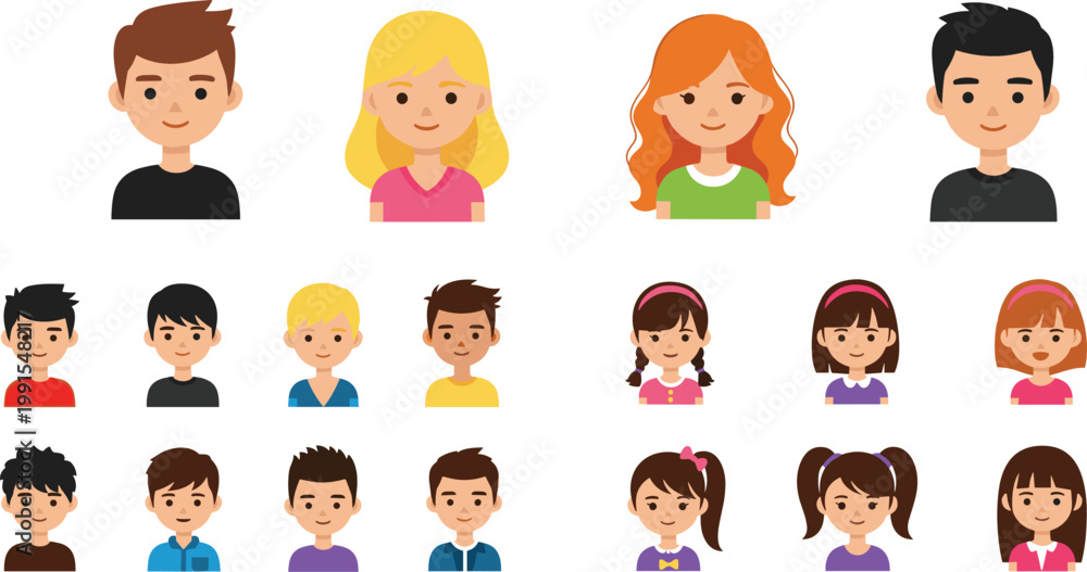 Fototapeta premium Flat vector illustration diverse cartoon people avatars men women children characters set smiling faces modern minimal design collection