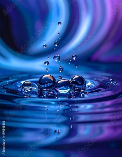 Abstract 3d Render Of Water Droplets And Ripples On A Liquid Surface Vibrant Blue And Purple Neon Colors With A Fluid Blurred Background