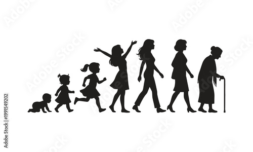 Stages of life for a woman, from baby to elderly, symbolizing growth and aging
