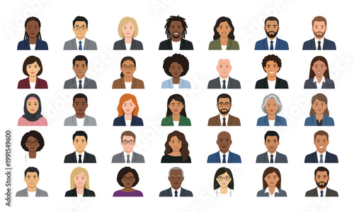 Diverse group of professional business people avatars, representing various ethnicities and genders