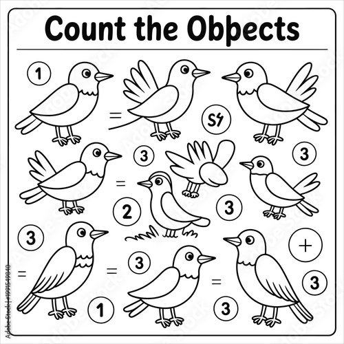 Count the math worksheet with black and white bird