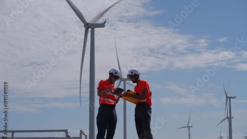 Asian engineers using a tablet and clipboard to inspect wind turbines at a renewable energy site, representing clean energy operations and technical teamwork in sustainable engineering.