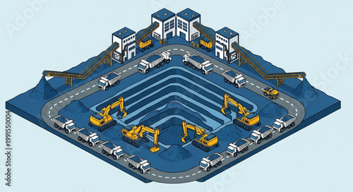 Isometric Airport Terminal with Runways and Vehicles.